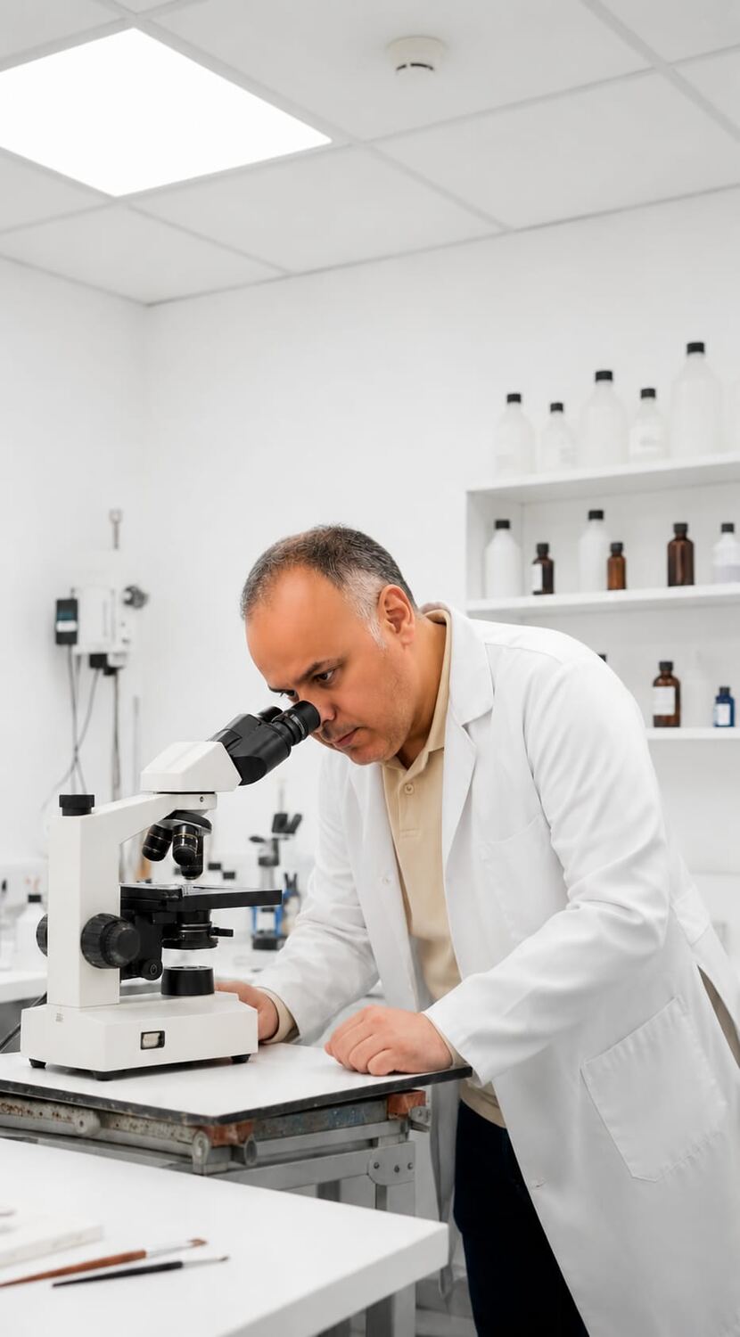 Analytiker på ONEX Lab undersöker materialprov i mikroskop