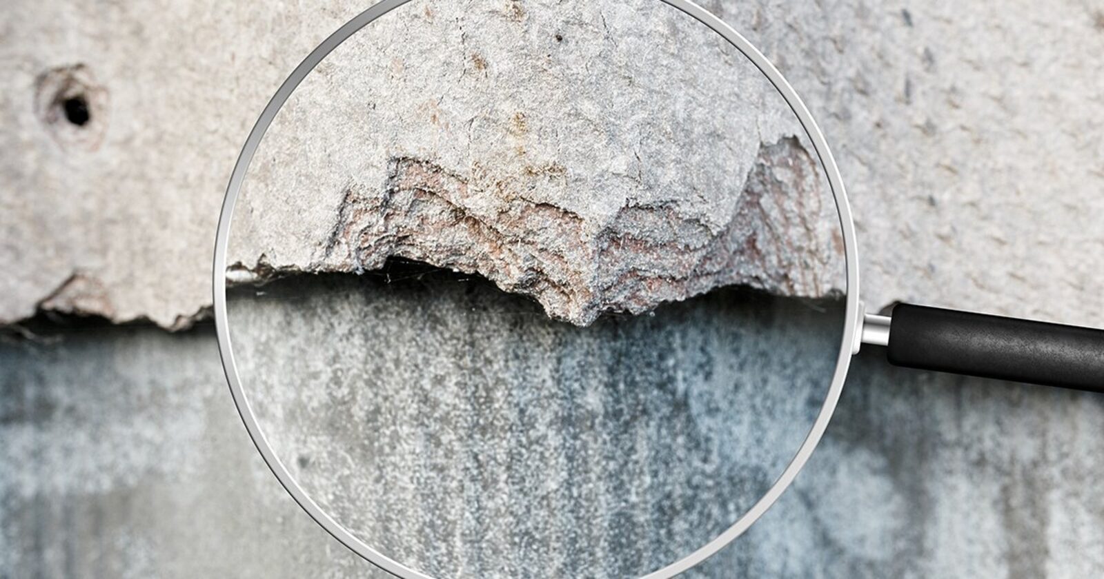 Förstoringsglas över materialprov — vi letar efter asbestfibrer